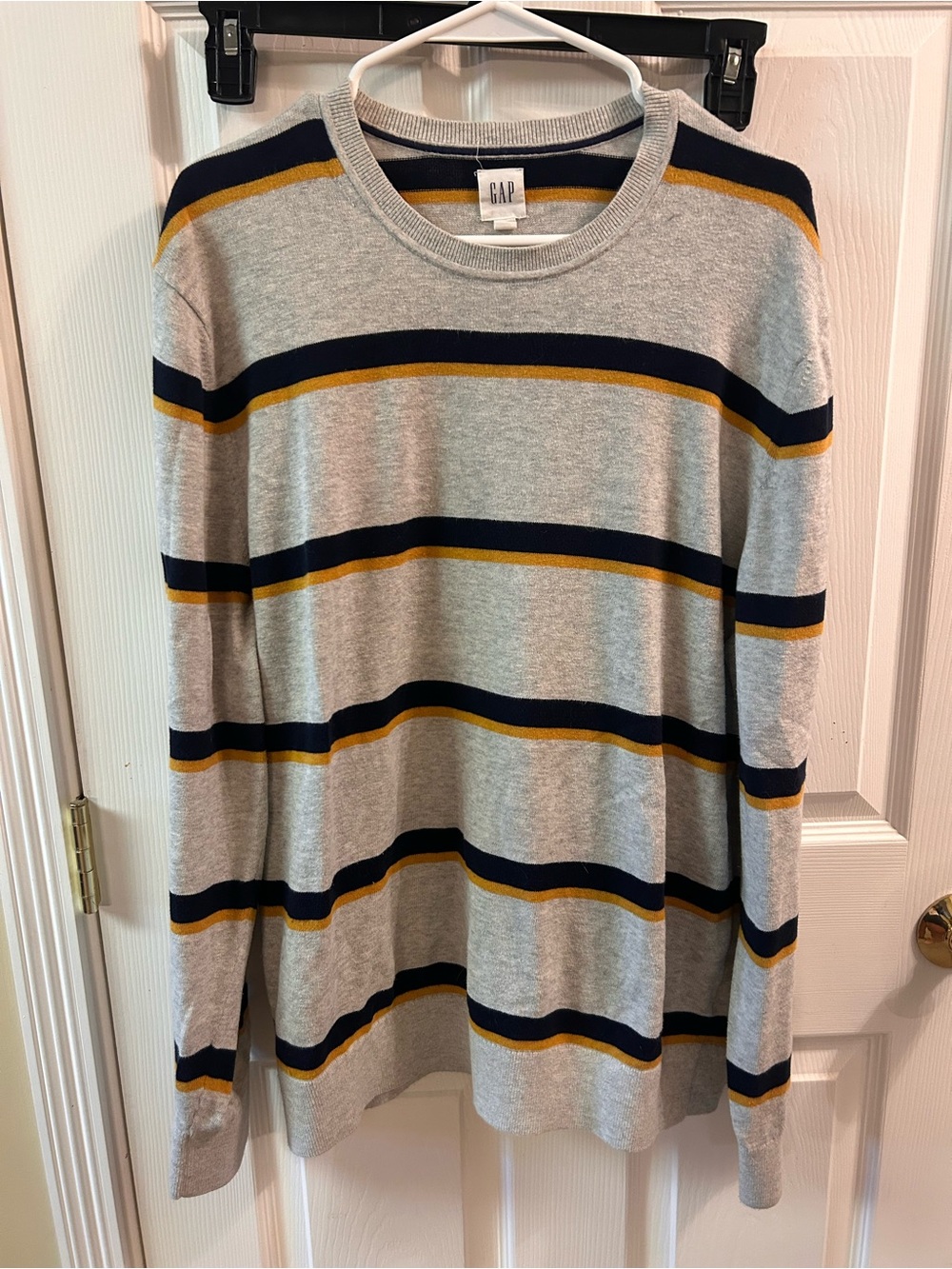GAP Light Gray Crewneck with Navy and Mustard Stripes